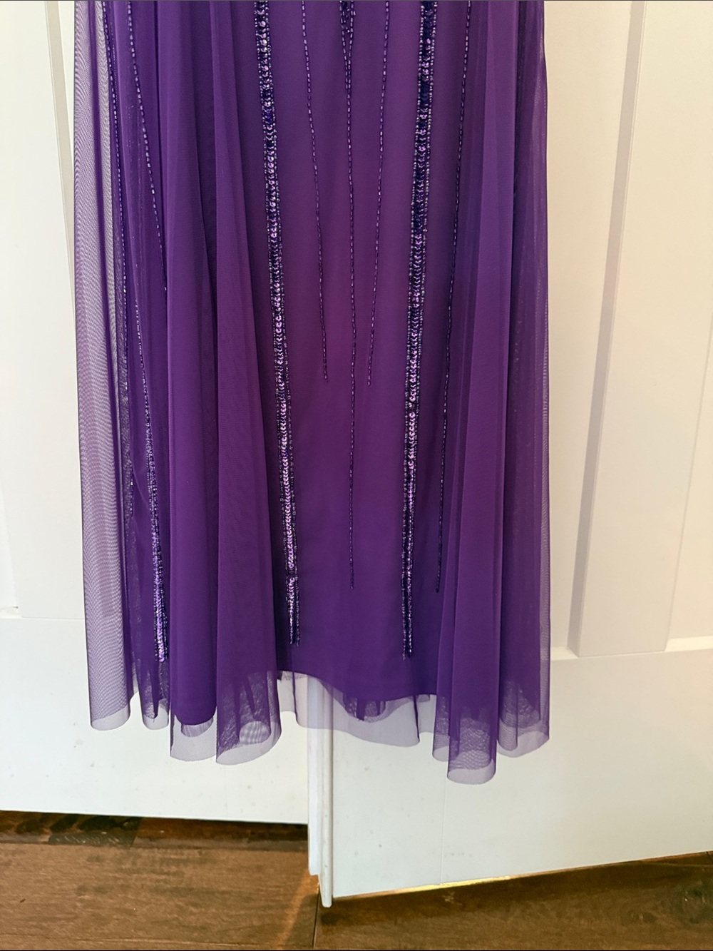 bebe Purple Beaded Spaghetti Strap Prom Gown - Picture 5 of 11